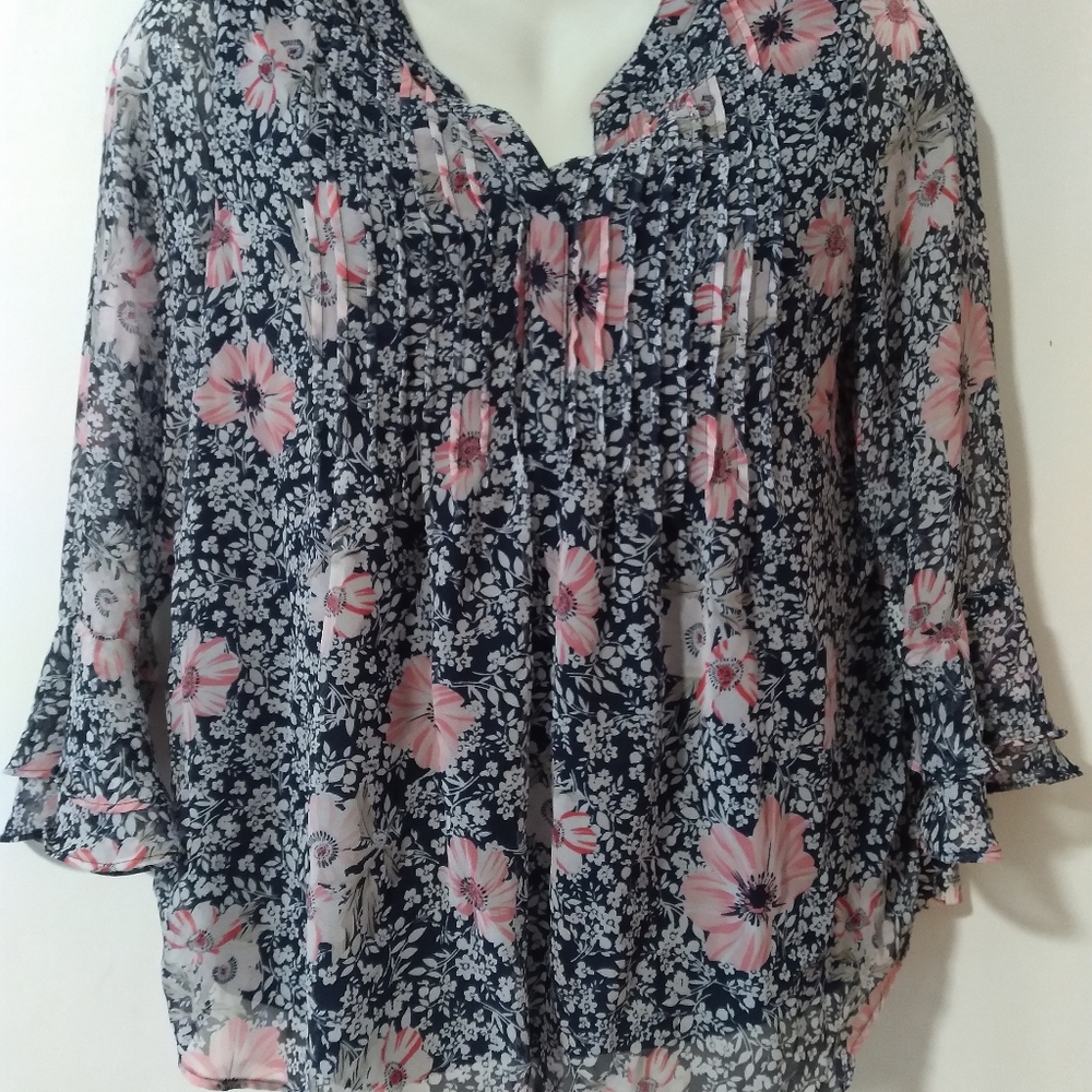 Pre Owned Charter Club Women's V Neck Blouse Large 3/4 Sleeves Printed PM